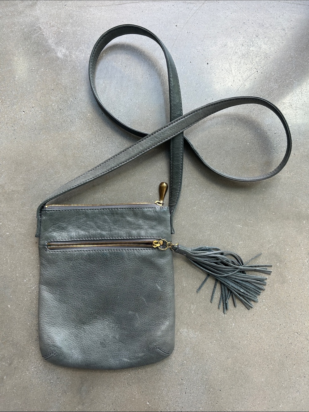 Gray Leather Crossbody Bag with Tassle